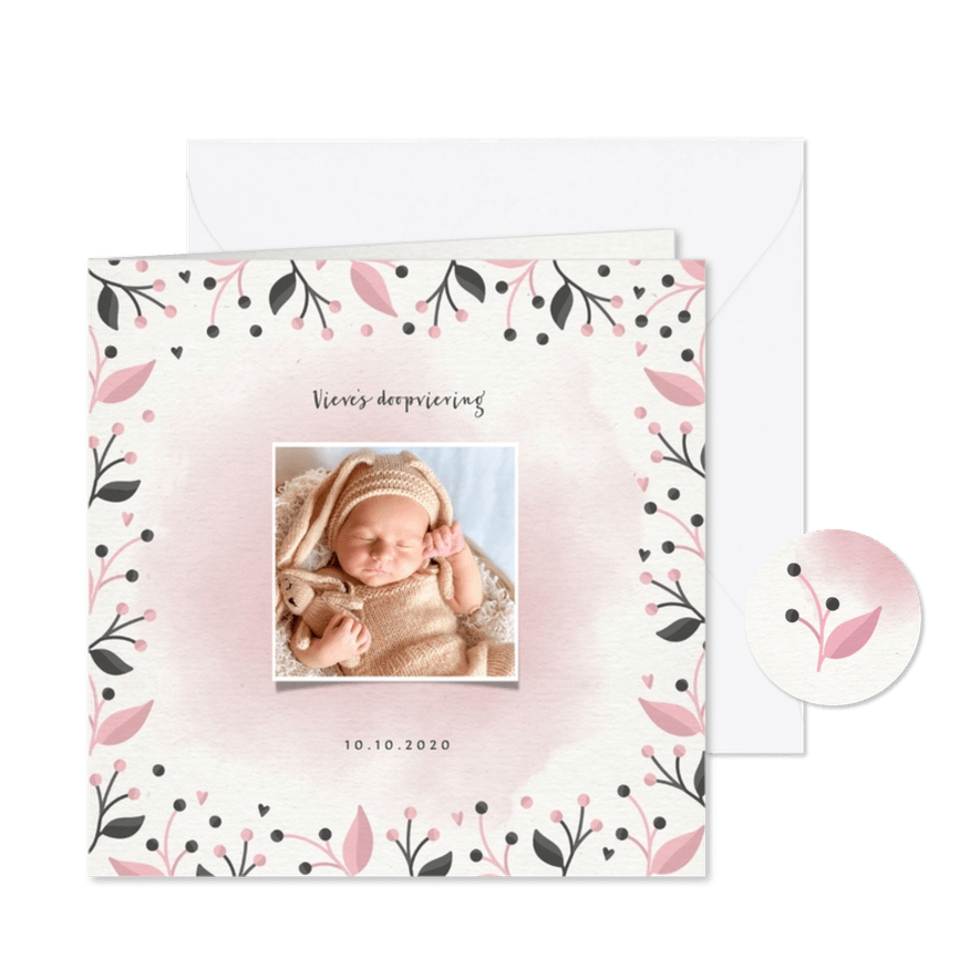 Doopkaartje met foto, takjes en waterverf meisje - Kaartimpressie