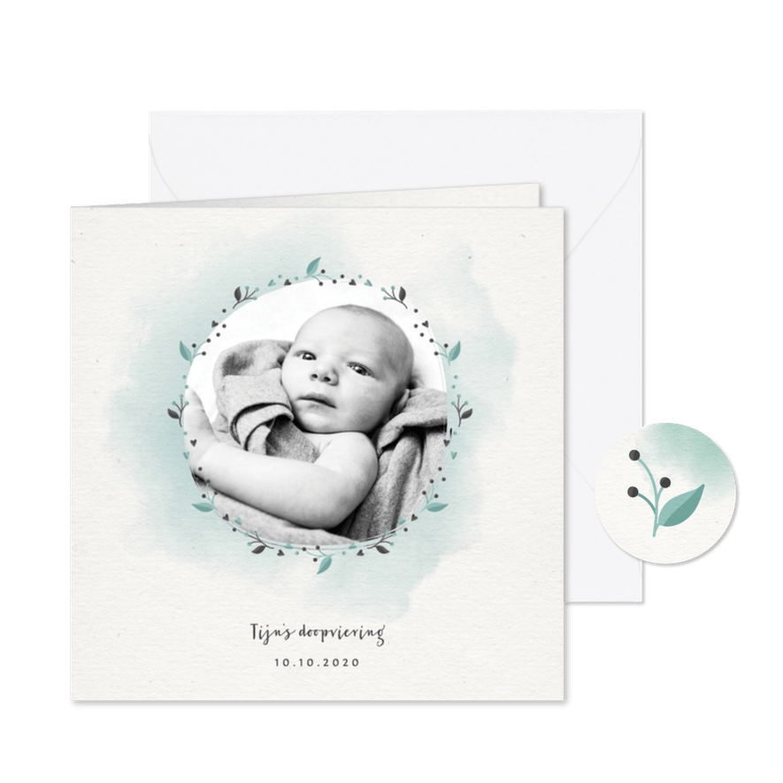 Doopkaartje met foto, waterverf en takjes jongen - Kaartimpressie