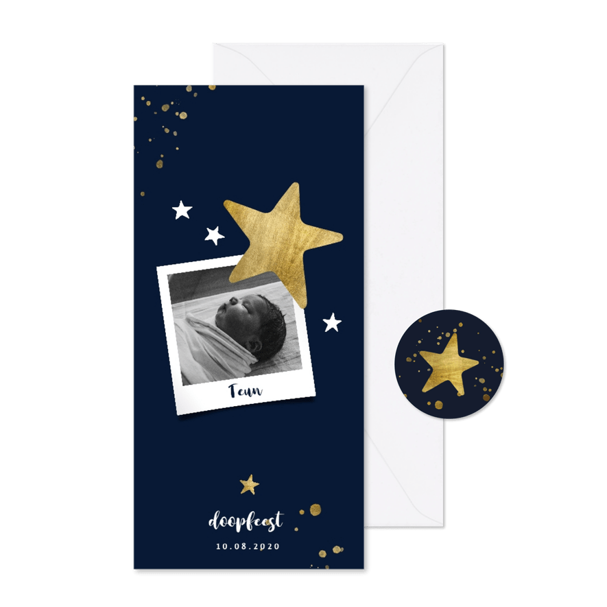 Doopkaartje met gouden spetters en sterren langwerpig - Kaartimpressie
