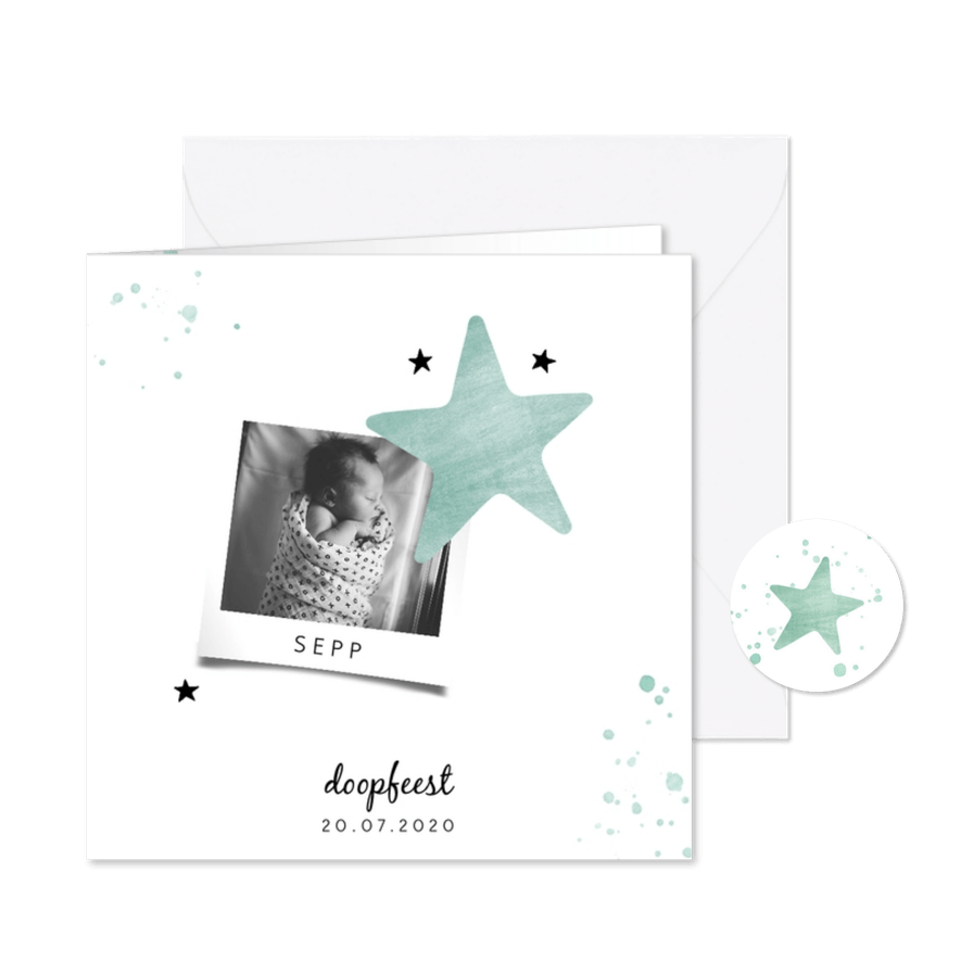 Doopkaartje met mint spetters en sterren - Kaartimpressie
