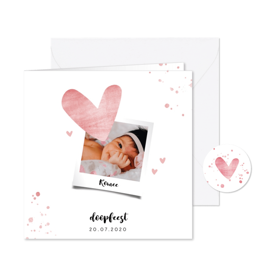Doopkaartje met roze spetters en hartjes - Kaartimpressie
