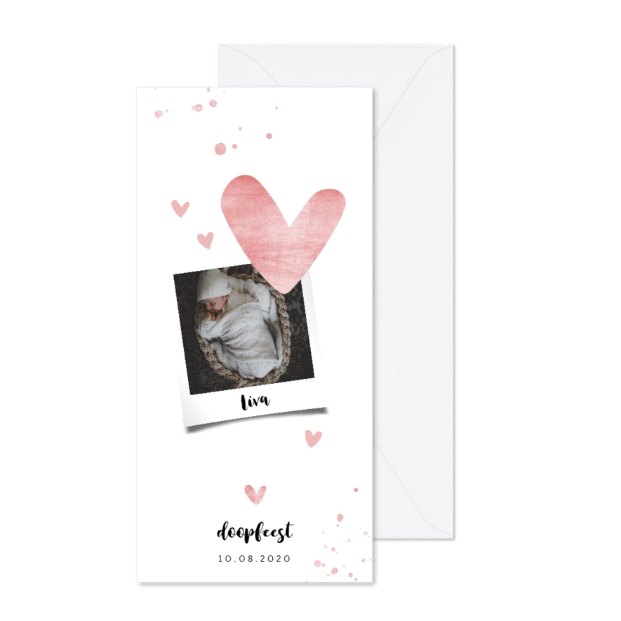 Doopkaartje roze spetters en hartjes langwerpig - Kaartimpressie