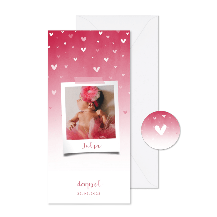 Doopkaartje roze waterverf ombre met dwarrelhartjes en foto - Kaartimpressie