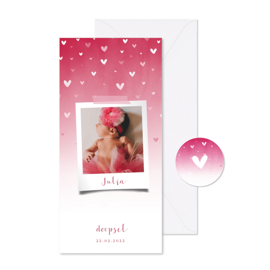 Doopkaartje roze waterverf ombre met dwarrelhartjes en foto - Kaartimpressie
