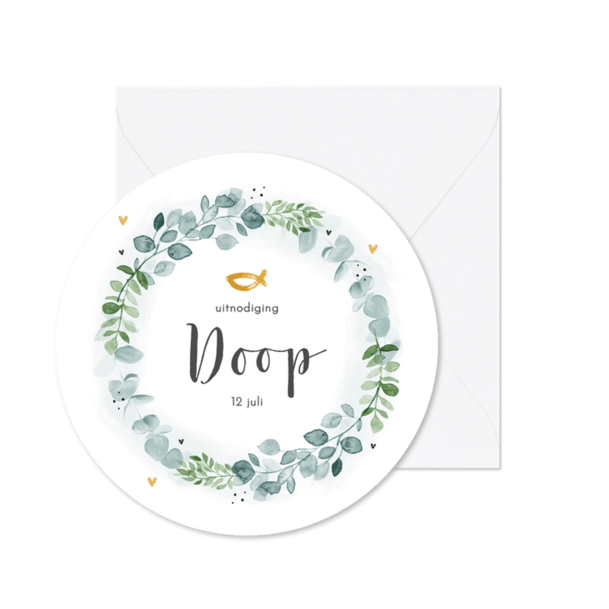 Doopsel uitnodigingskaart rond bloemenkrans - Kaartimpressie