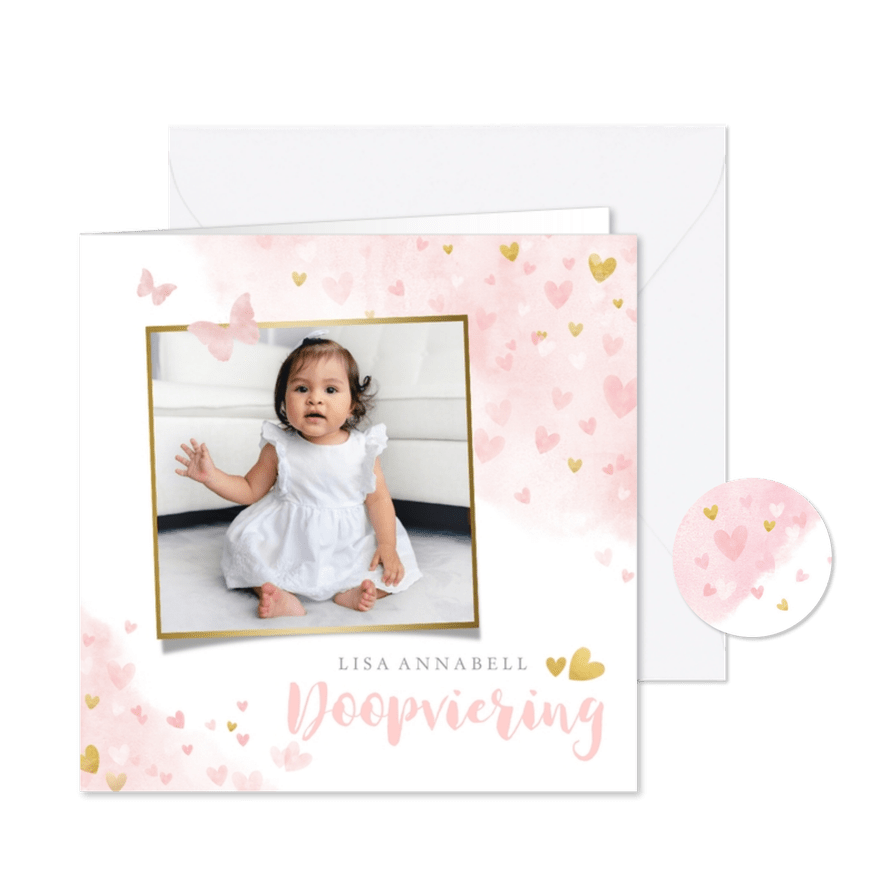 Doopuitnodiging foto & hartjes op aquarel - Kaartimpressie