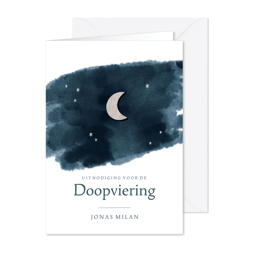 Doopuitnodiging sterrenhemel & maan met foto binnenin - Kaartimpressie