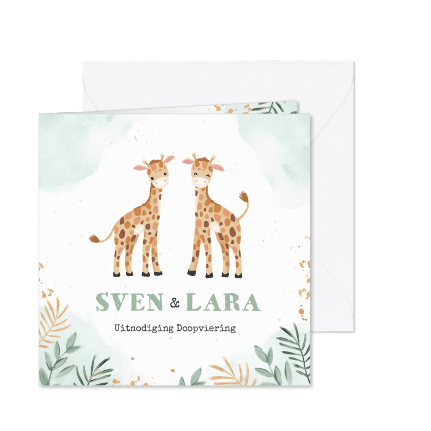 Doopuitnodiging tweeling met twee schattige giraffen - Kaartimpressie
