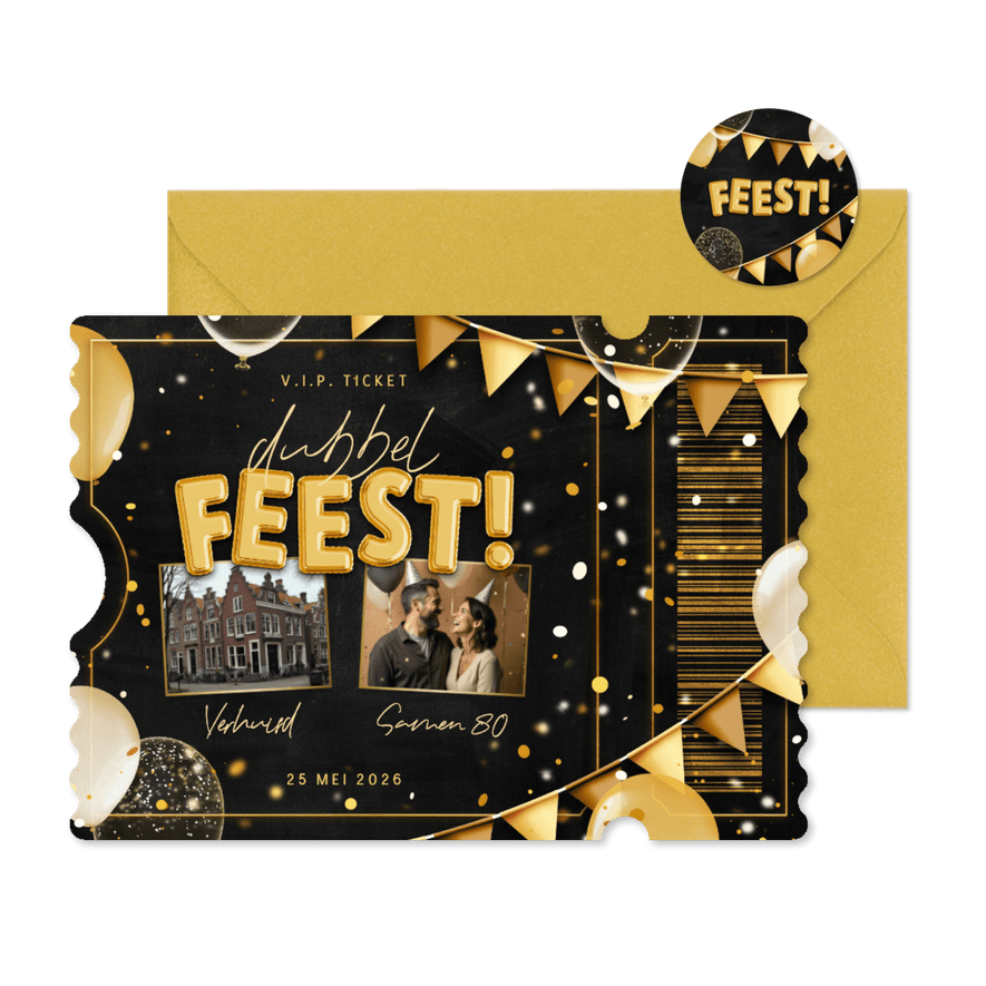 Dubbel feest ticket uitnodiging met ballonnen en confetti - Kaartimpressie