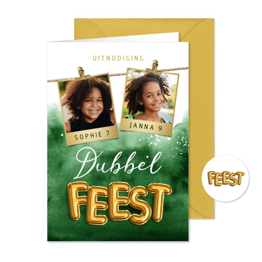 Dubbel feest uitnodiging folieballonnen waterverf foto's - Kaartimpressie