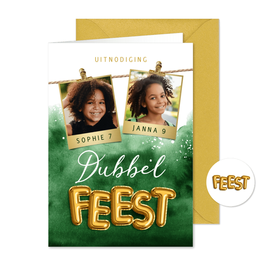 Dubbel feest uitnodiging folieballonnen waterverf foto's - Kaartimpressie