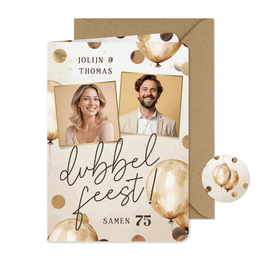 Dubbel feest uitnodiging met ballonnen confetti en foto's - Kaartimpressie