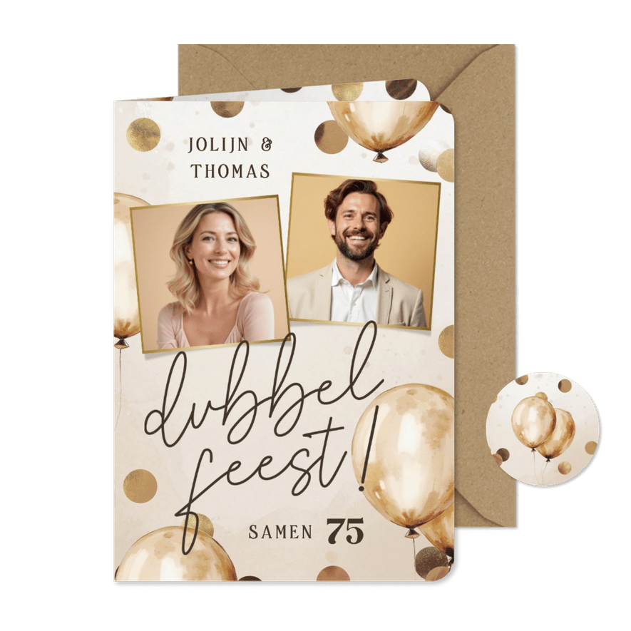 Dubbel feest uitnodiging met ballonnen confetti en foto's - Kaartimpressie