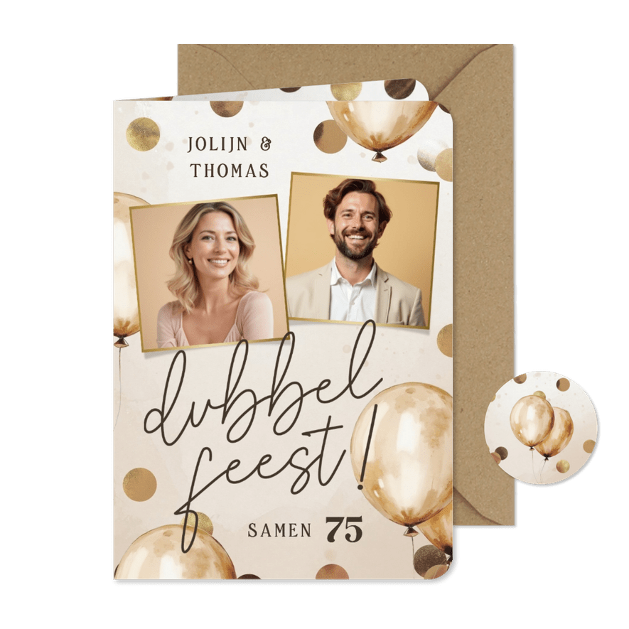 Dubbel feest uitnodiging met ballonnen confetti en foto's - Kaartimpressie