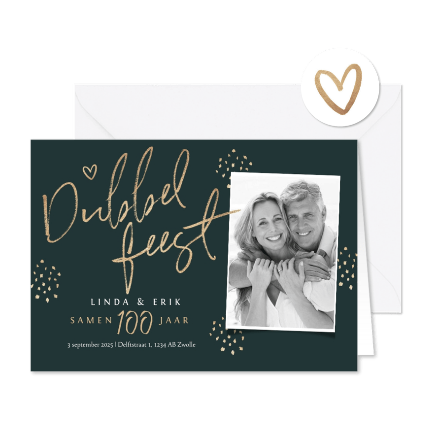 Dubbel feest uitnodiging samen 100 stijlvol goud foto - Kaartimpressie