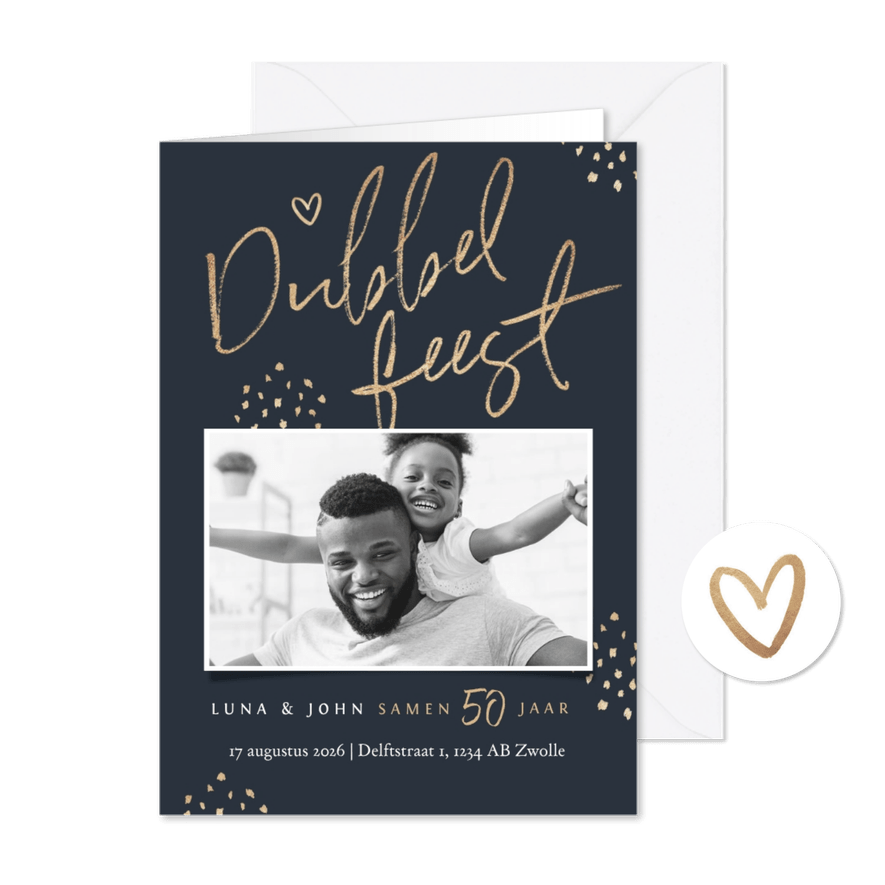 Dubbel feest uitnodiging stijlvol goud hartjes confetti foto - Kaartimpressie