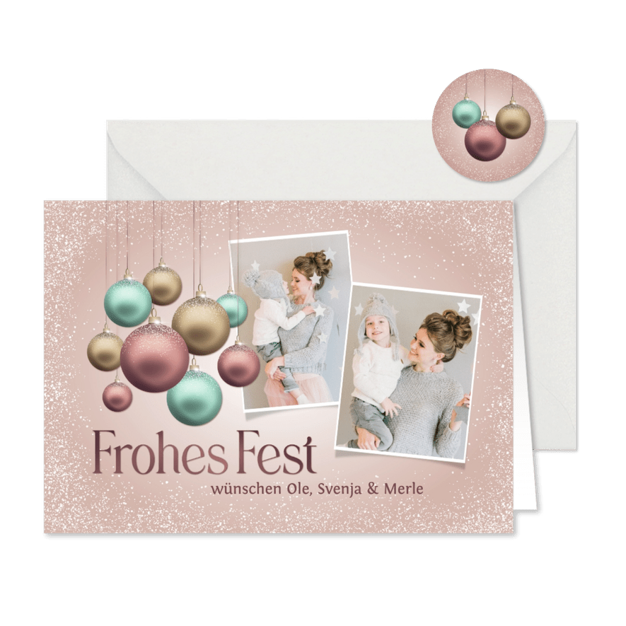 Duitse foto-kerstkaart met delicate kerstballen - Kaartimpressie