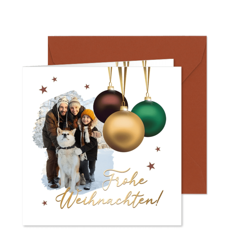 Duitse kerstkaart drie kerstballen en foto - Kaartimpressie