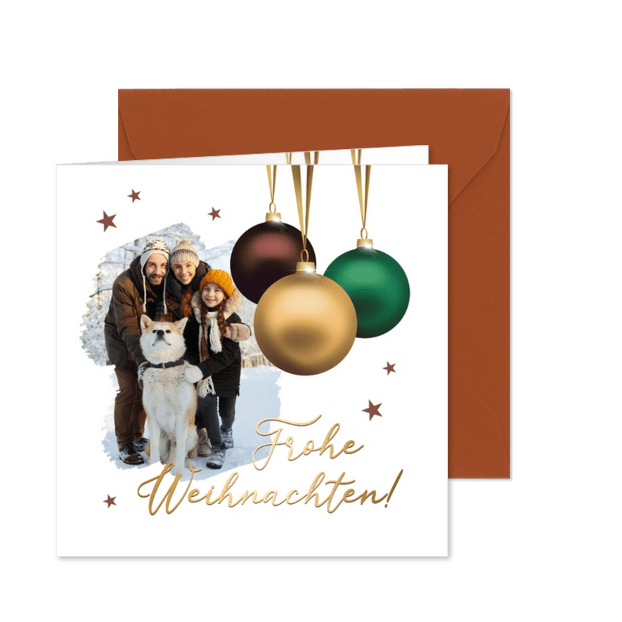 Duitse kerstkaart drie kerstballen en foto - Kaartimpressie