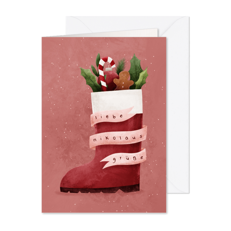 Duitse kerstkaart met kerstmanlaarzen - Kaartimpressie