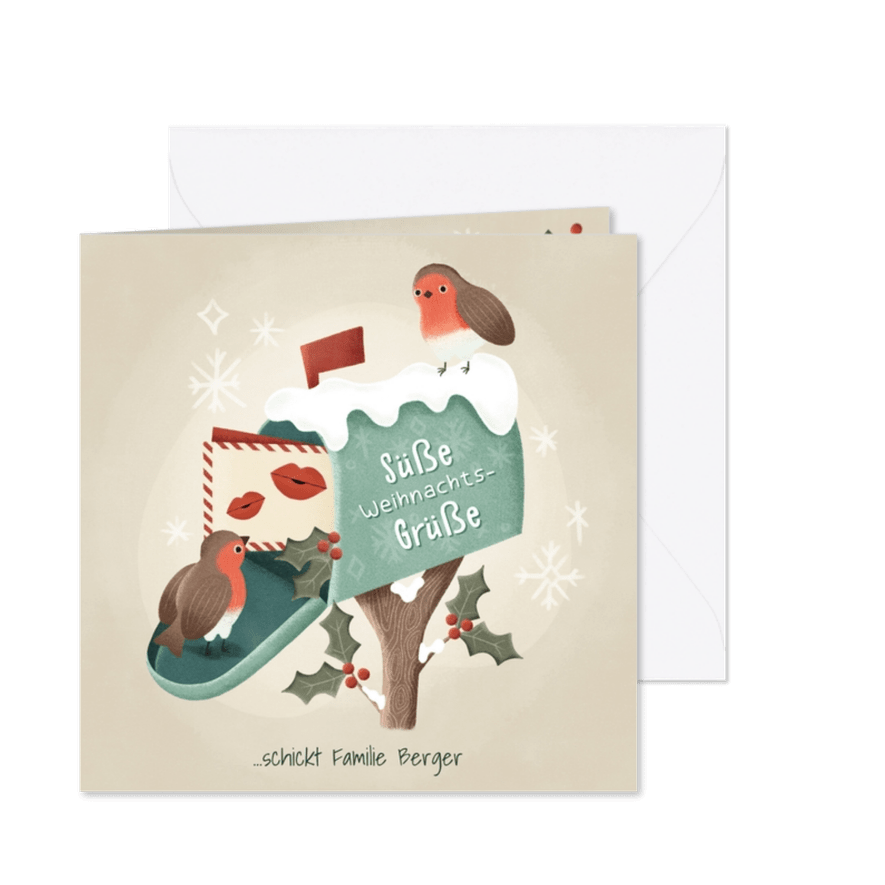 Duitse kerstkaart met schattige vogels op de brievenbus - Kaartimpressie