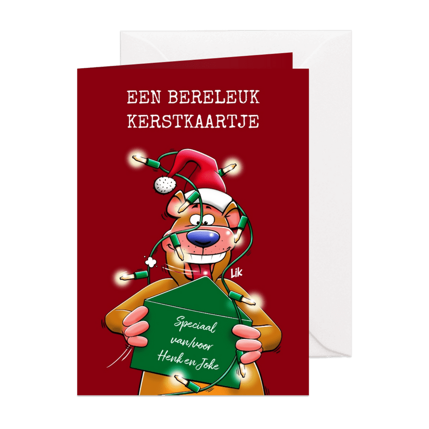 Een bere-leuke kerstkaart beer met kerstverlichting - Kaartimpressie