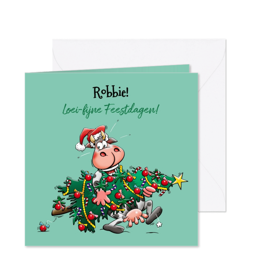 Een grappige kerstkaart met koe en kerstboom - Kaartimpressie