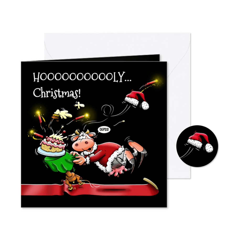 Een grappige kerstkaart ongelukje taart en koe - Kaartimpressie