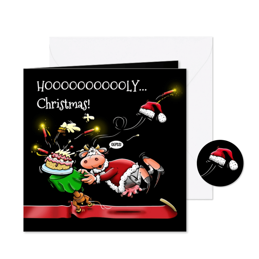 Een grappige kerstkaart ongelukje taart en koe - Kaartimpressie