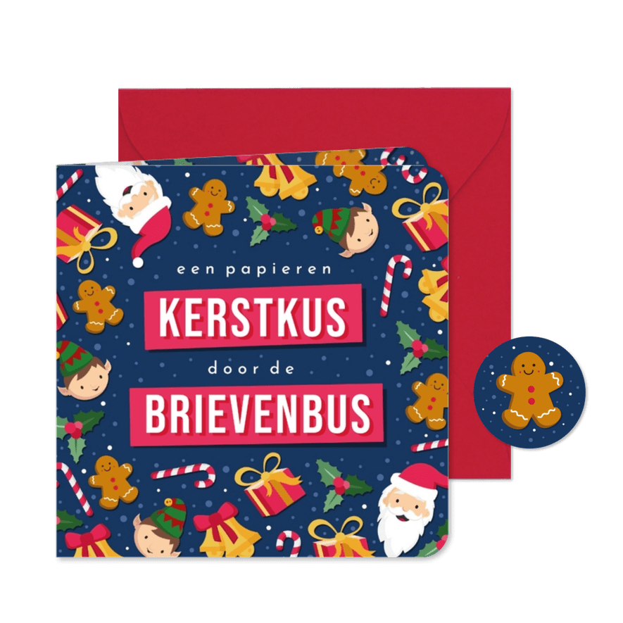 Een kerstkus door de brievenbus met kerstfiguurtjes - Kaartimpressie