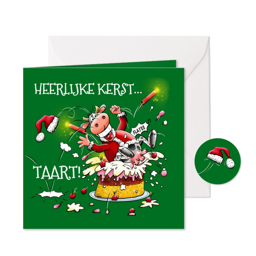 Een loei-leuke kerstkaart met vliegende koe in kersttaart - Kaartimpressie