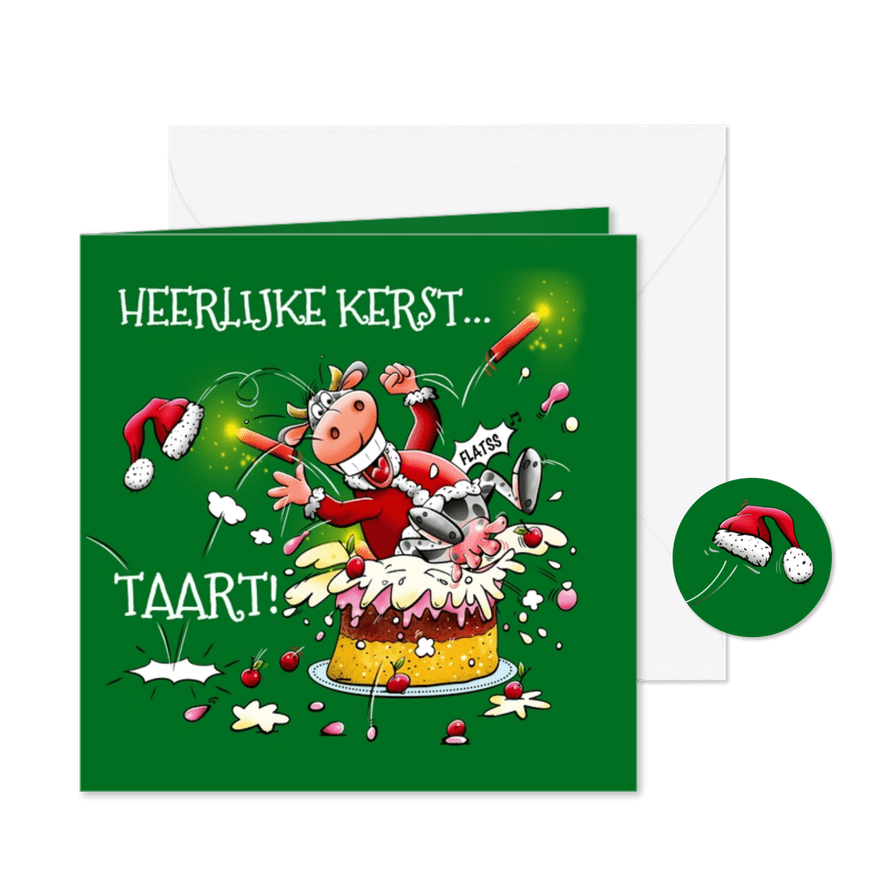 Een loei-leuke kerstkaart met vliegende koe in kersttaart - Kaartimpressie
