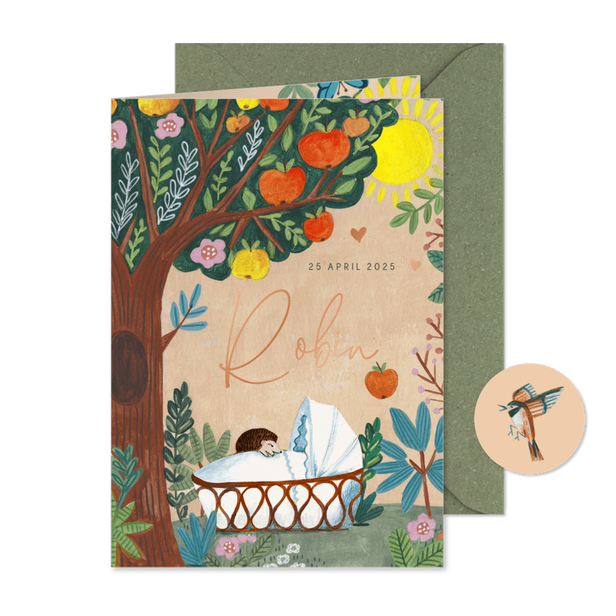 Een schattig geboortekaartje met een boom vol met appels - Kaartimpressie