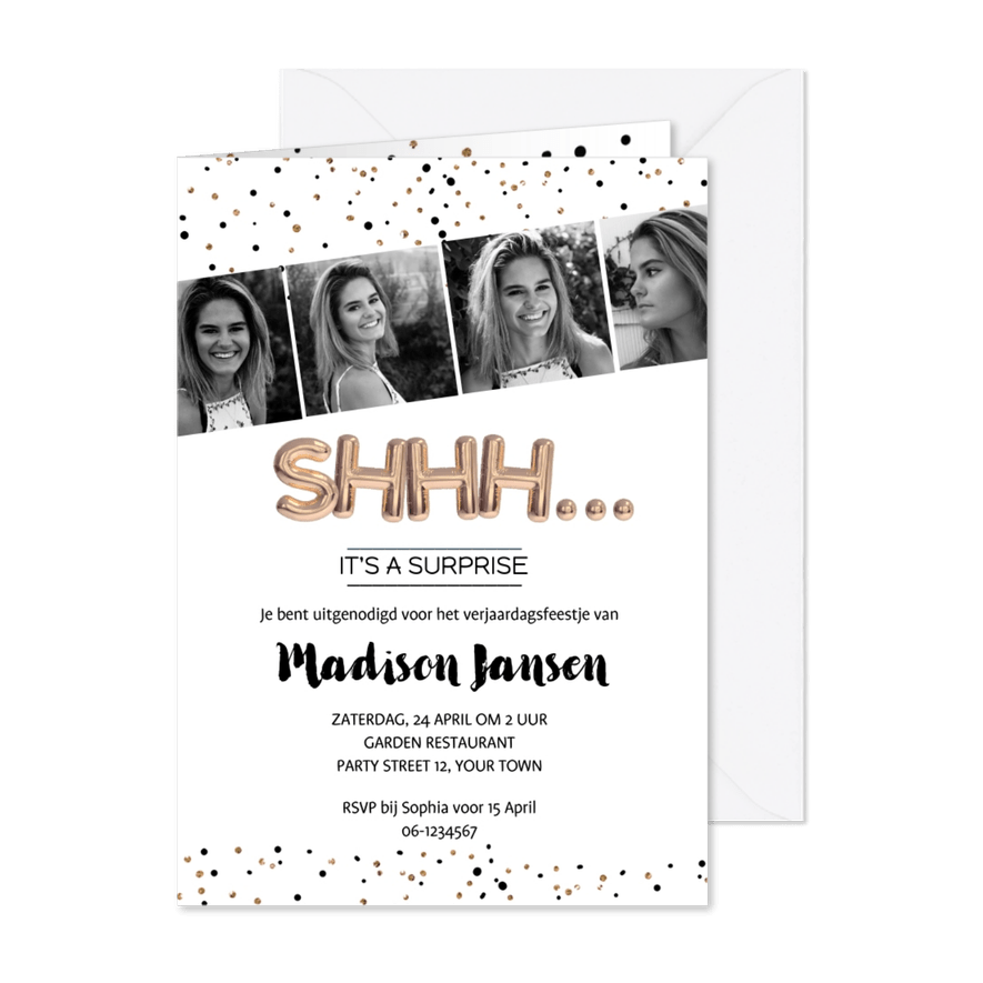 Een Surprise Party met goude ballonnen shhh… - Kaartimpressie