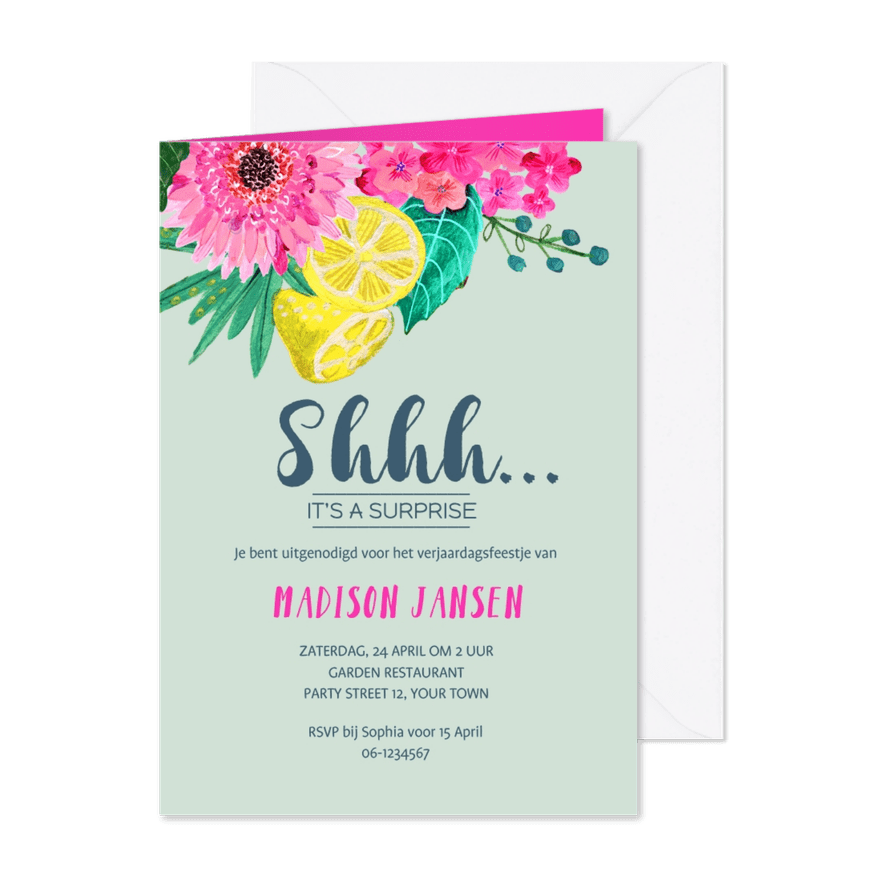 Een Surprise Party met tropische bloemen - Kaartimpressie