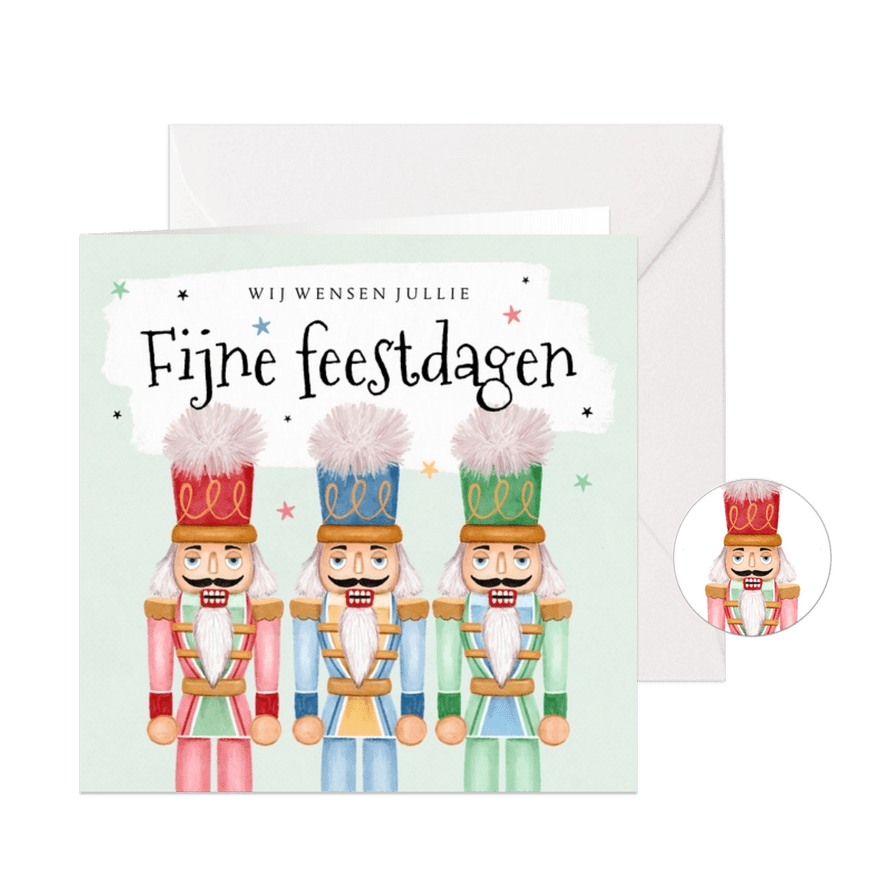 Een vrolijk en magisch kerstkaartje notenkrakers sterren - Kaartimpressie