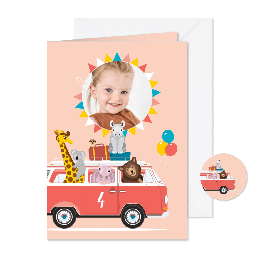 Een vrolijk Volkswagen busje nodigt jouw vriendjes uit - Kaartimpressie