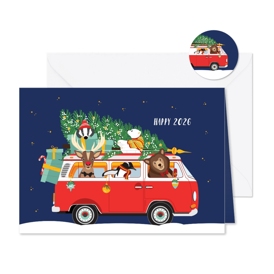 Een vrolijk Volkswagen busje vol kerst diertjes - Kaartimpressie