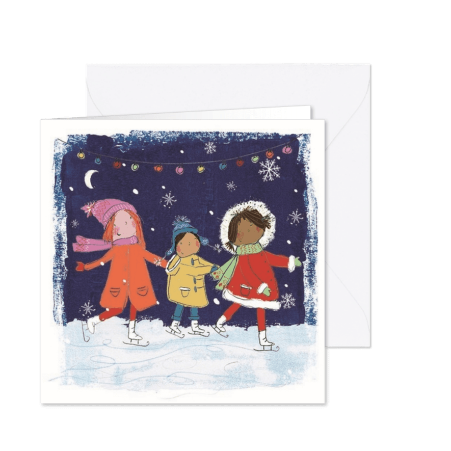 Een vrolijke kerstkaart met schaatsende kinderen - Kaartimpressie