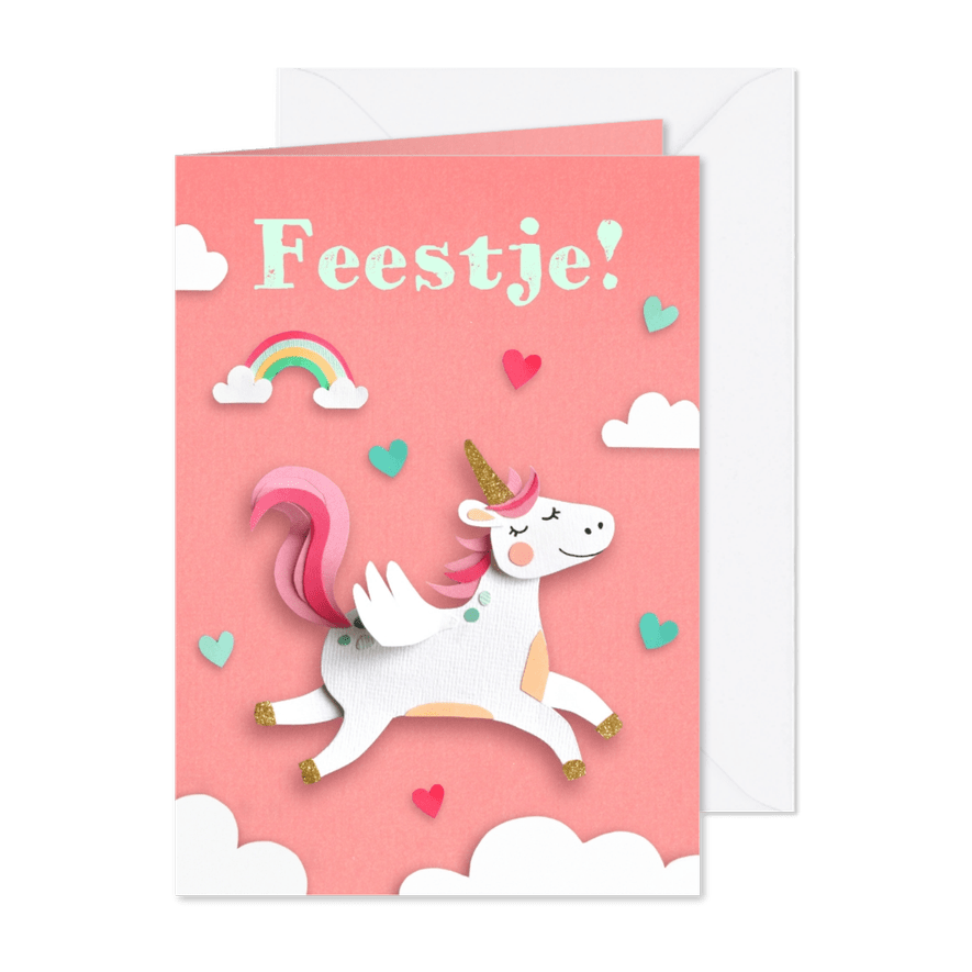 Eenhoorn en hartjes kinderfeestje - Kaartimpressie
