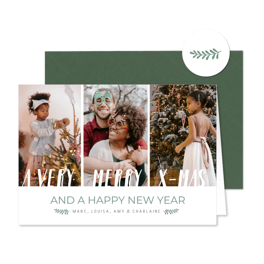 Eenvoudige fotocollage kerstkaart met 3 eigen foto's - Kaartimpressie