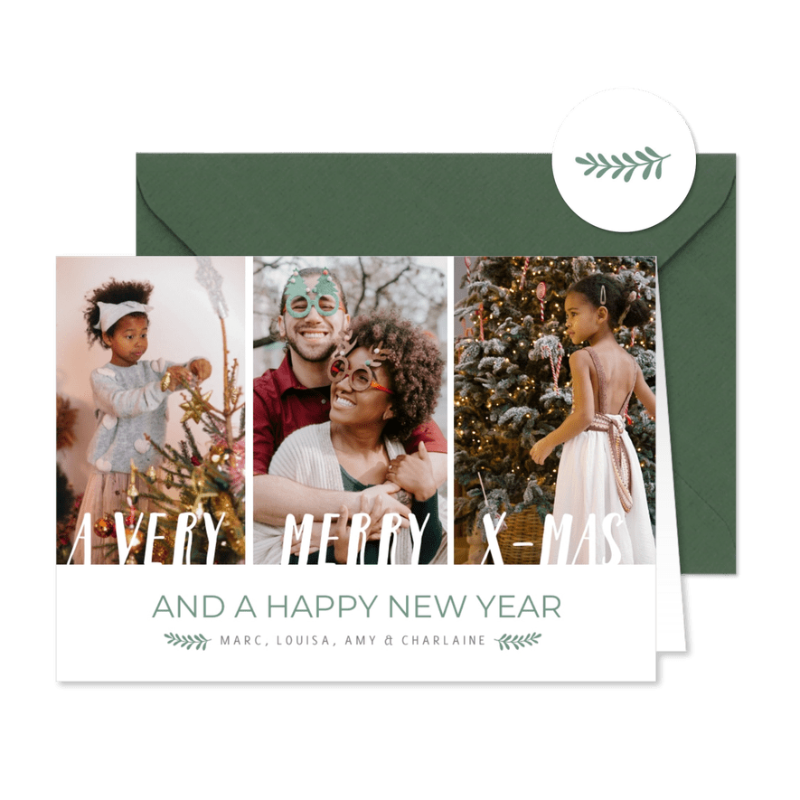 Eenvoudige fotocollage kerstkaart met 3 eigen foto's - Kaartimpressie