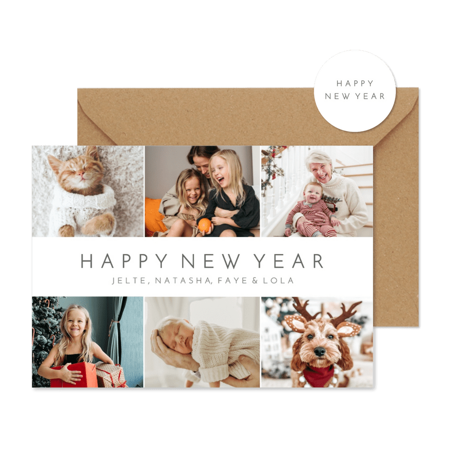 Eenvoudige fotocollage nieuwjaarskaart met 6 eigen foto's - Kaartimpressie