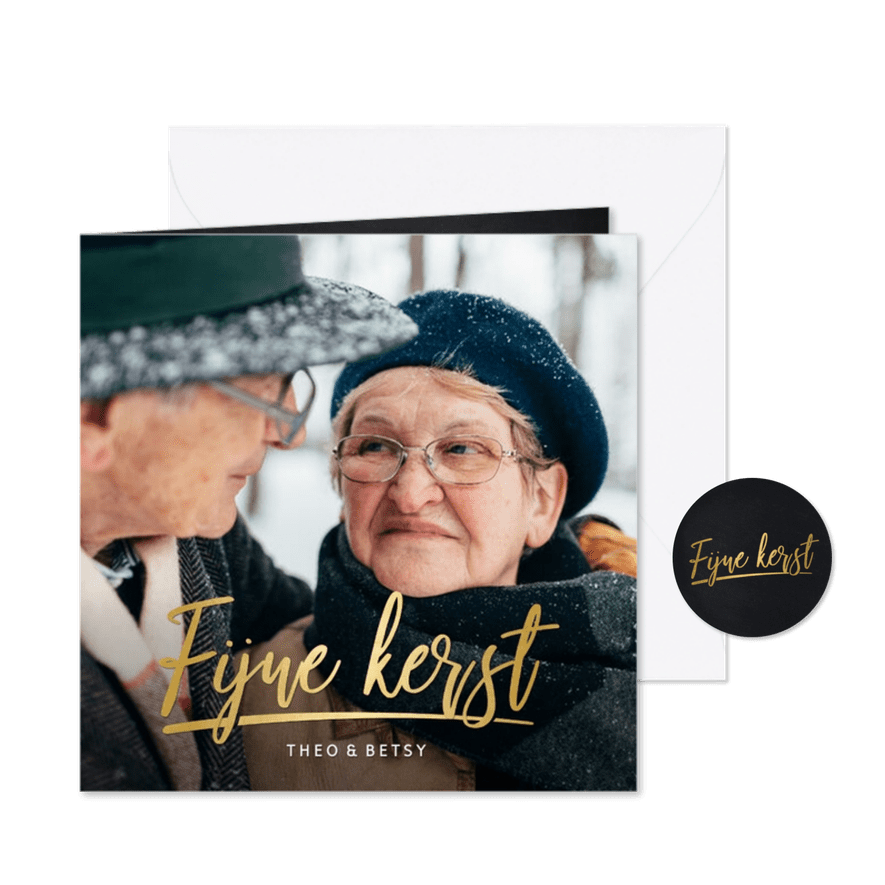 Eenvoudige kerstkaart met grote eigen foto en goudlook tekst - Kaartimpressie