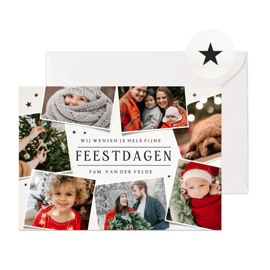 Eenvoudige moderne fotocollage kerstkaart met 7 foto's - Kaartimpressie