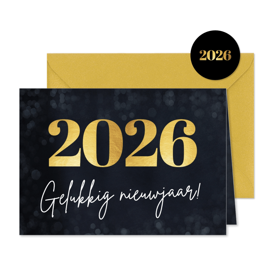 Eenvoudige nieuwjaarskaart met groot jaartal 2026 in goud - Kaartimpressie