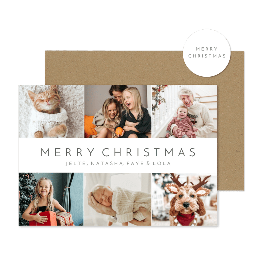 Eenvoudige witte fotocollage kerstkaart met 6 eigen foto's - Kaartimpressie