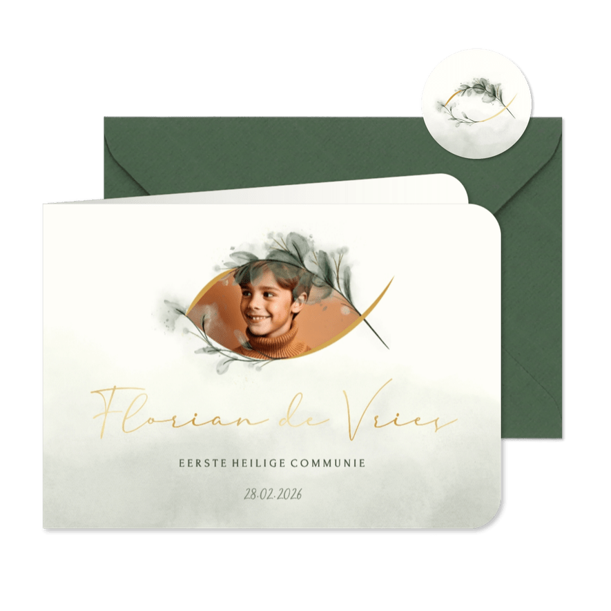 Eerste communie foto uitnodiging met Ichthus visje - Kaartimpressie