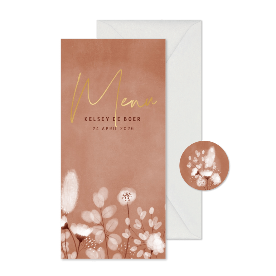 Eerste communie menukaart droogbloemen roze waterverf - Kaartimpressie