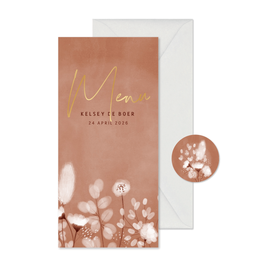 Eerste communie menukaart droogbloemen roze waterverf - Kaartimpressie